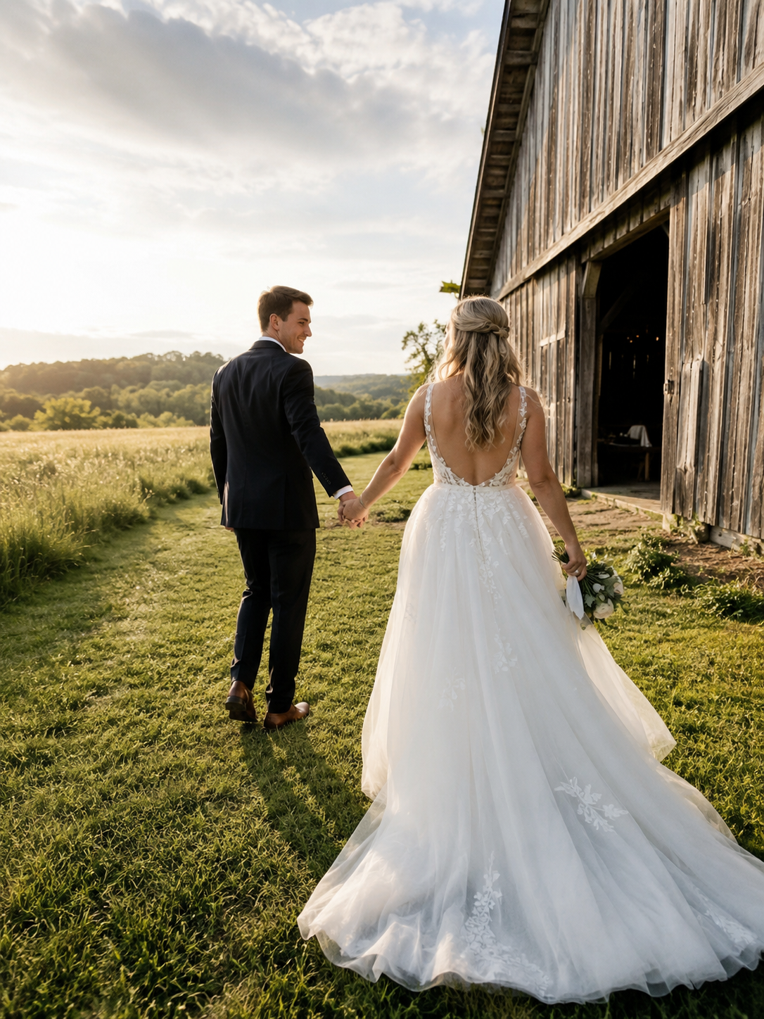 Couple walking through a meadow