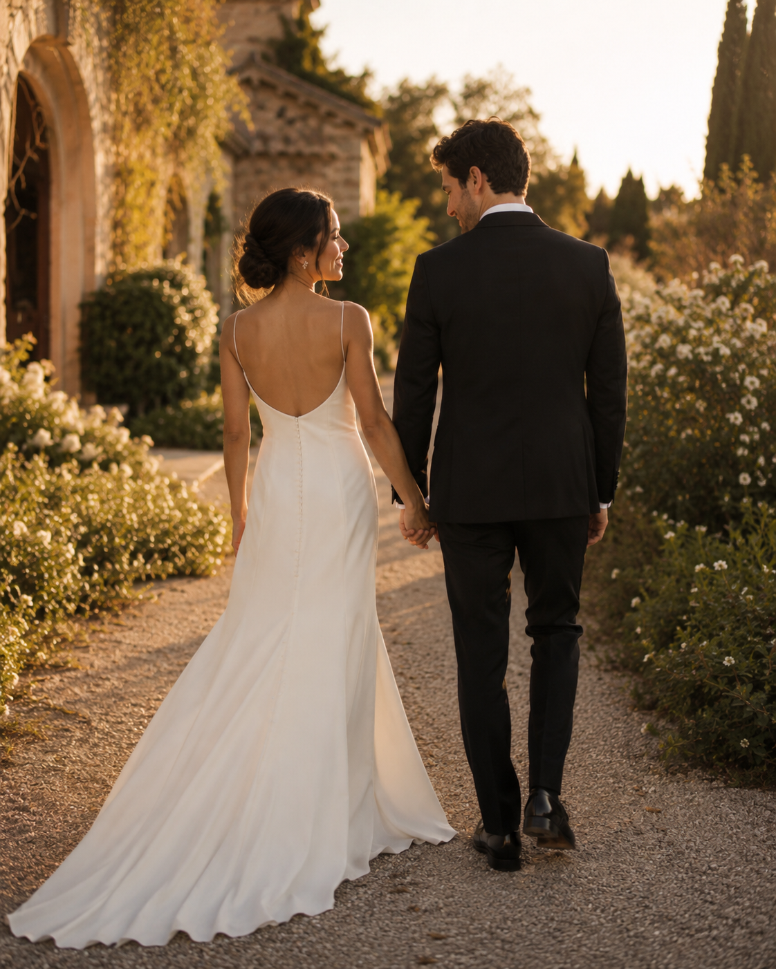 Bride and groom walking together at a warm outdoor wedding