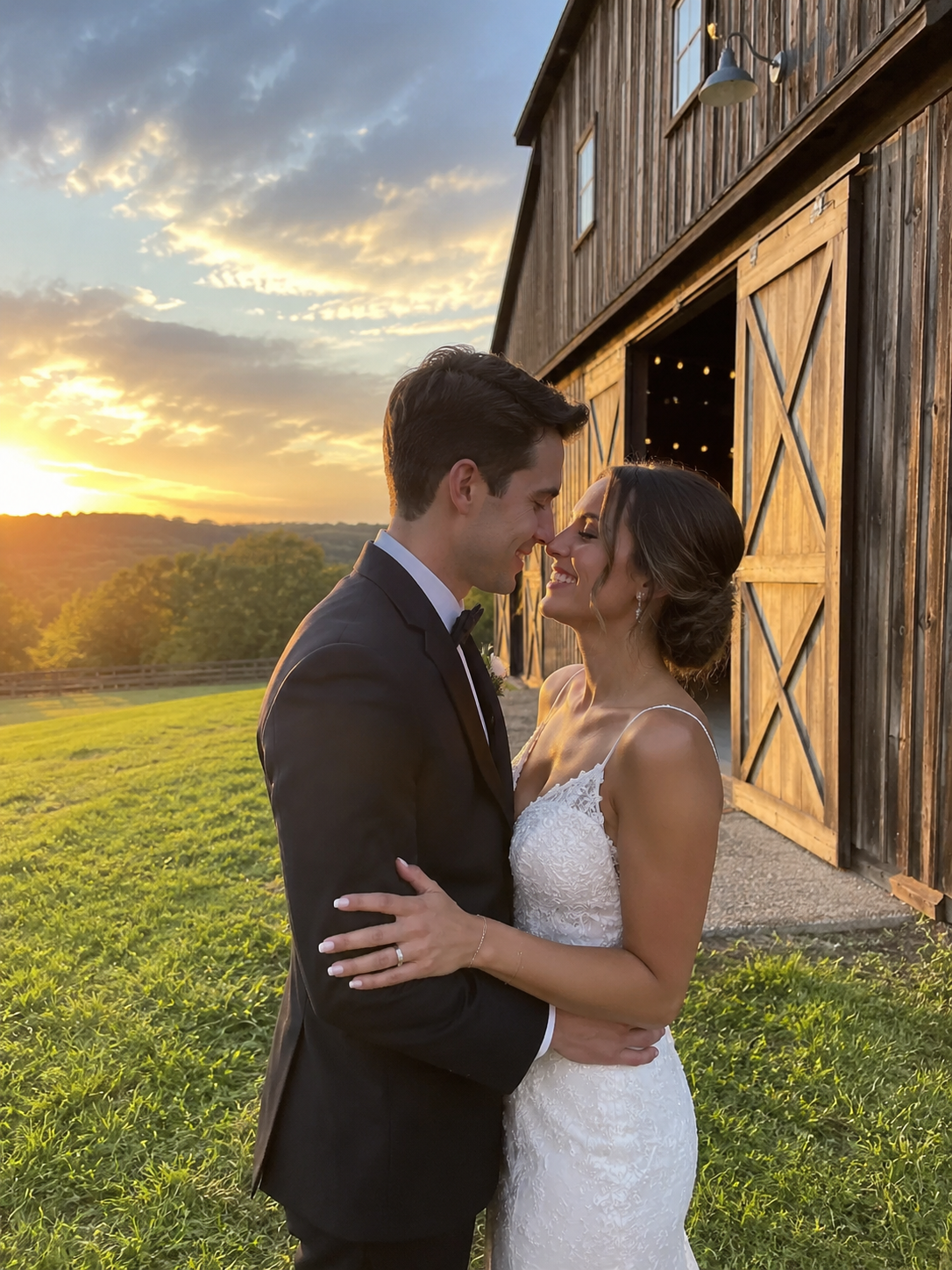 Bride and groom outside a barn